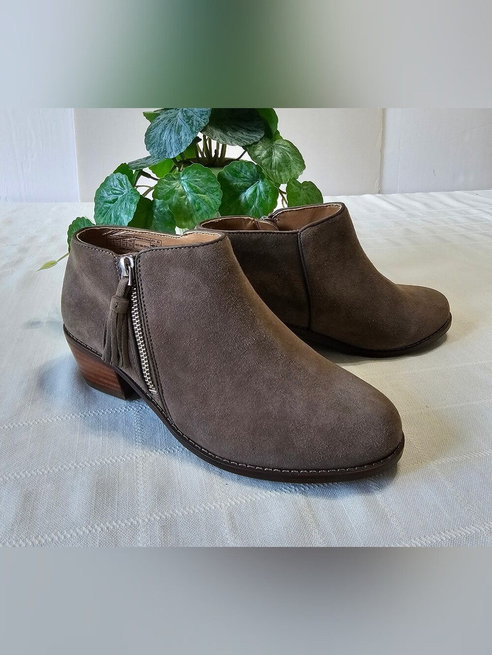 Vionic Taupe Suede Ankle Booties with Side Zip - Size 6